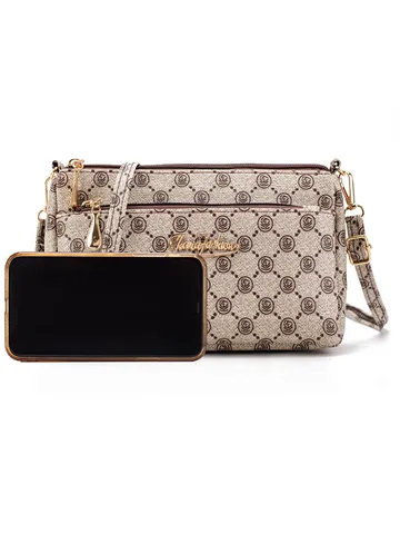 Women PU Leather Crossbody Bag Vintage Monogram Print Multi-Layer Large Capacity Shoulder Bag Casual Daily Messenger Bag