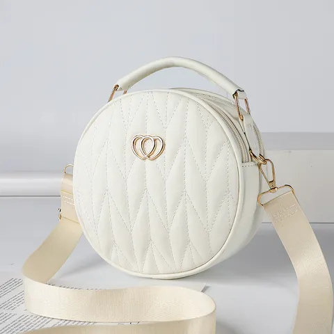 Women Fashion Quilted Circle Crossbody Bag PU Leather Heart Metal Decor Casual Everyday Shoulder Handbag