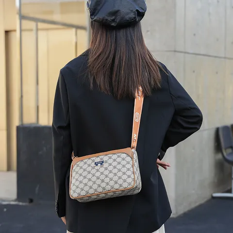 Women Fashion Casual Crossbody Bag PU Leather Monogram Shoulder Bag Large Capacity Multi Compartment Daily Handbag