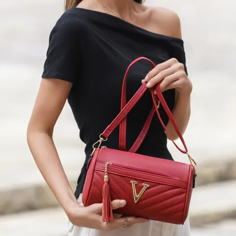 Women Fashion Quilted Crossbody Bag Luxury PU Leather Shoulder Pillow Bag With Metal V Logo And Tassel Charm