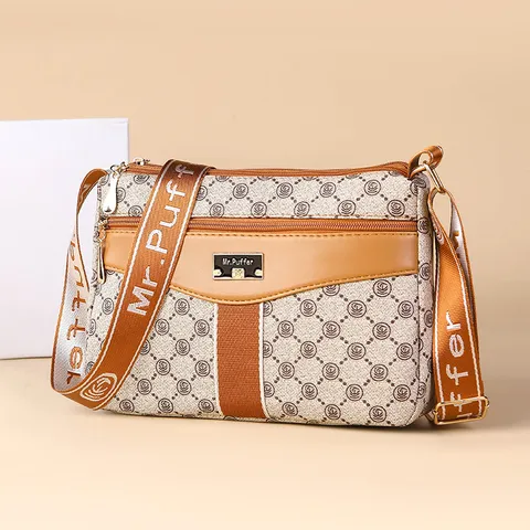 Women Large Capacity Multifunctional Shoulder Crossbody Bag Vintage Monogram PU Leather Daily Commuter Handbag