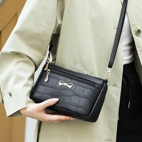 Women PU Leather Crossbody Bag Crocodile Pattern Shoulder Bag Elegant Bowknot Handbag