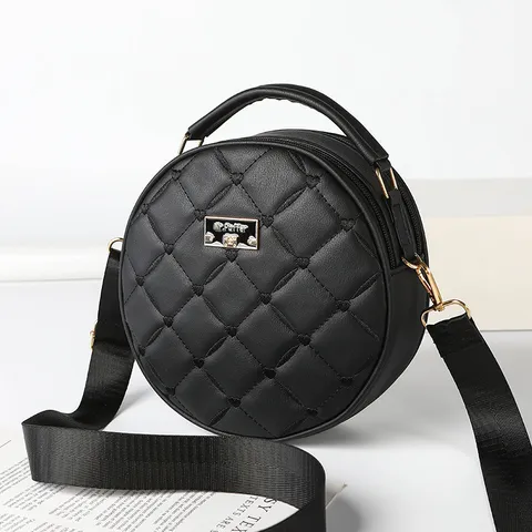 Women Fashion Round Crossbody Bag PU Leather Quilted Embroidered Small Shoulder Handbag With Top Handle Daily Chic Purse