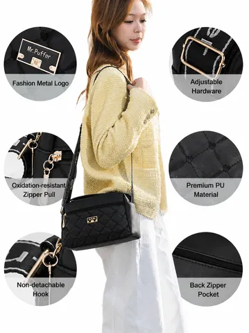 Women Quilted Shoulder Bag Large Capacity PU Leather Crossbody Bag Casual Top Handle Commuter Handbag For Ladies