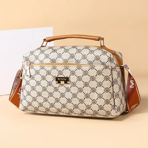 Women Fashion Shoulder Bag Large Capacity PU Leather Crossbody Bag Vintage Letter Print Casual Daily Handbag