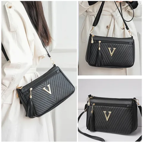 Women PU Leather Shoulder Bag Fashion Crossbody Messenger Bag With Tassel And Metal V Decoration Handbag For Daily Commute