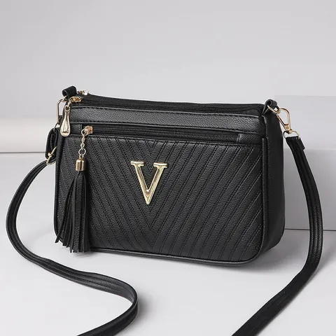 Women PU Leather Shoulder Bag Fashion Crossbody Messenger Bag With Tassel And Metal V Decoration Handbag For Daily Commute