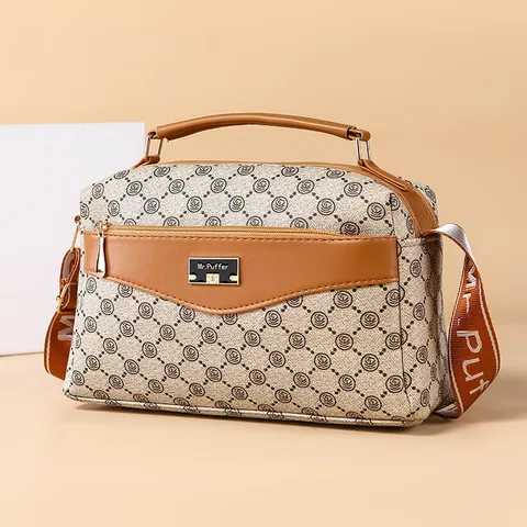 Retro Monogram Pattern Women Shoulder Crossbody Bag PU Leather Patchwork Top Handle Handbag Fashion Daily Satchel