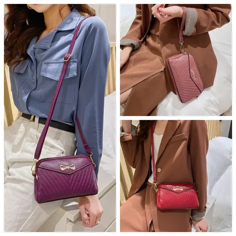 Women Mini Crossbody Bag PU Leather Fashion Shoulder Bag V-Quilted Small Phone Bag Bow Decor Casual Daily Purse