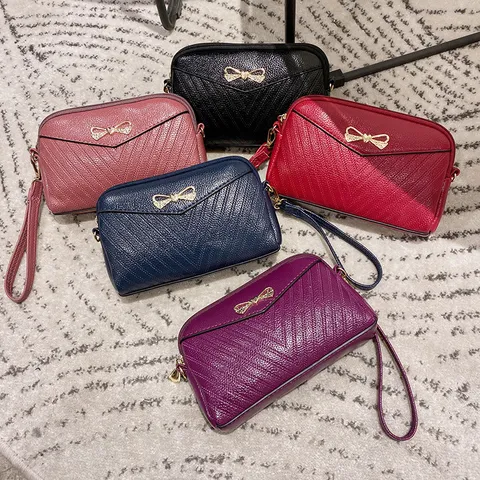 Women Mini Crossbody Bag PU Leather Fashion Shoulder Bag V-Quilted Small Phone Bag Bow Decor Casual Daily Purse