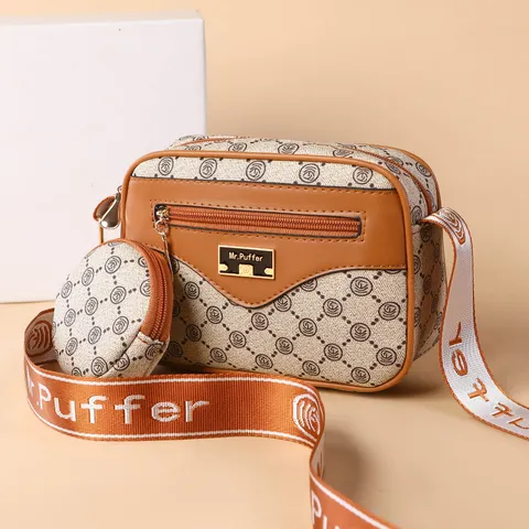 Women's Fashion Shoulder Crossbody Bag Vintage Monogram Pattern PU Leather Casual Satchel Bag With Coin Purse