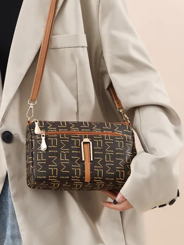 Damen Mode Umhängetasche Vintage Monogramm Schultertasche PU Leder Tägliche Casual Handtasche Mehrfächer Schultasche