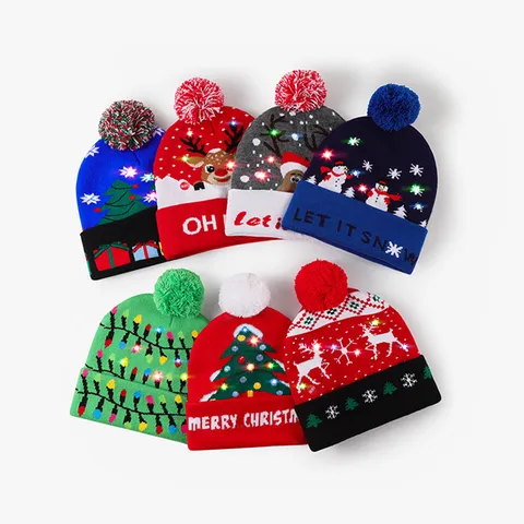 Adult Christmas LED Knit Hat Warm Winter Beanie Holiday Party Hat with Pom Pom Light Up Novelty Knit Cap