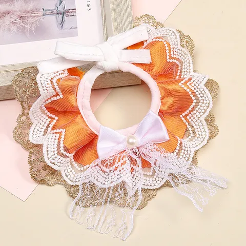 Cute Lace Pet Bib Cat Collar With Bowknot Artificial Pearl Adjustable Princess Style Dog Neckwear Pet Accessories