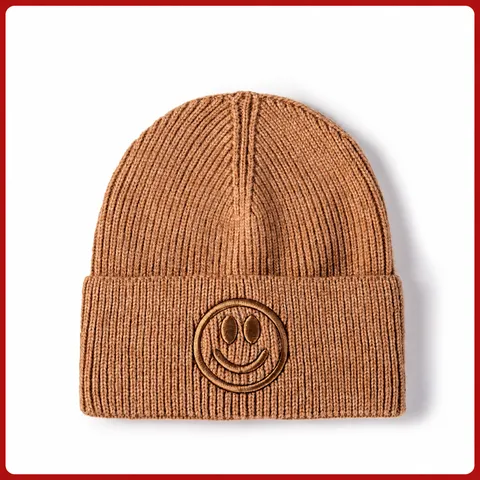 Unisex Winter Warm Knit Beanie Hat Casual Cute Smile Embroidery Solid Color Soft Stretch Ski Skull Cap For Women Men