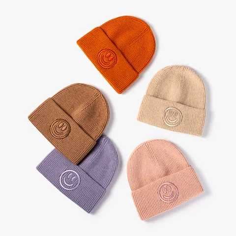 Solid Color Knitted Beanie Hat For Men Women Autumn Winter Warm Woolen Cap With Smile Embroidery Fashion Skull Cap