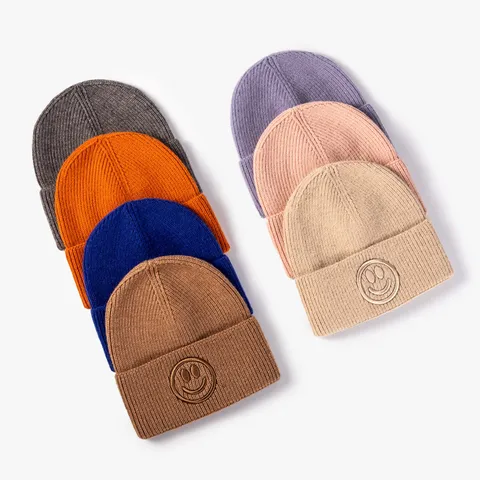 Solid Color Knitted Beanie Hat For Men Women Autumn Winter Warm Woolen Cap With Smile Embroidery Fashion Skull Cap