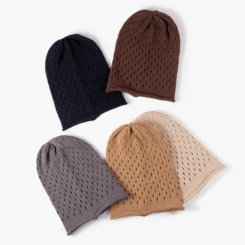 Women Autumn Winter Hollow Out Knit Beanie Hat Casual Pure Cotton Warm Slouchy Skull Cap Daily Fashion Headwear
