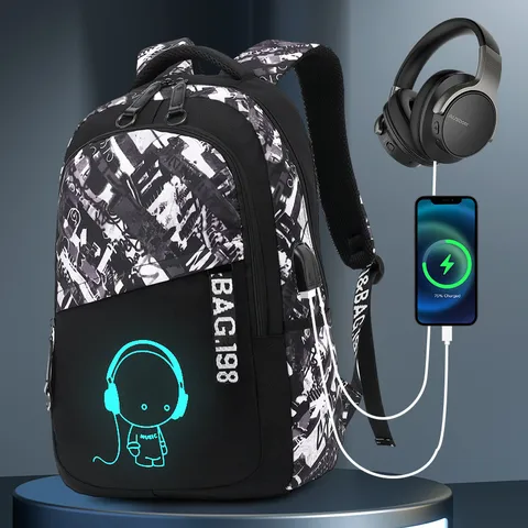 Leuchtender Rucksack Anime Cartoon Schultasche Graffiti Große Kapazität Mehrfachfächer Reise Rucksack Mit Externem USB Ladeanschluss