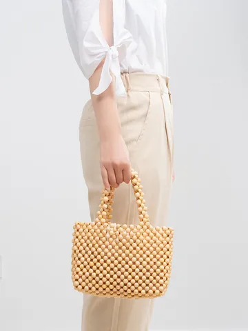 Borsa a Mano Intrecciata con Perline Fatta a Mano Retrò in Acrilico con Perline di Legno Piccola Borsa Quadrata da Donna Estate Spiaggia
