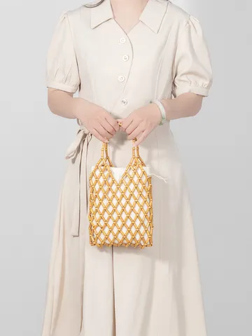 Handmade Woven Wooden Bead Handbag For Women Hollow Out Grid Beach Holiday Purse With Drawstring Canvas Inner Pouch Top Handle Resort Travel Tote Bag