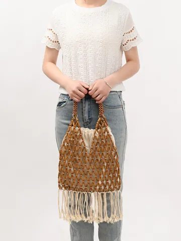Borsa a Mano da Donna Intrecciata a Mano Con Perline Traforata Acrilico Nappa Coulisse Borsa a Secchiello per Vacanza Quotidiano