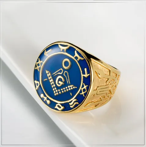 Anello Massonico Vintage in Acciaio al Titanio Placcato Oro Smalto Blu Anello a Fascia Fratellanza Anello con Sigillo per Uomo Donna Gioielli Punk Casual
