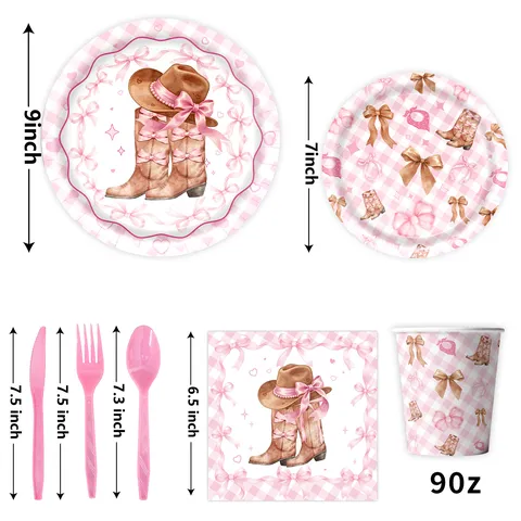 Rosa Gingham Schleife Cowboy Thema Geburtstagsparty Einweg Geschirr Set Für Mädchen Wild West Party Zubehör Teller Servietten Becher Tischdecke Banner