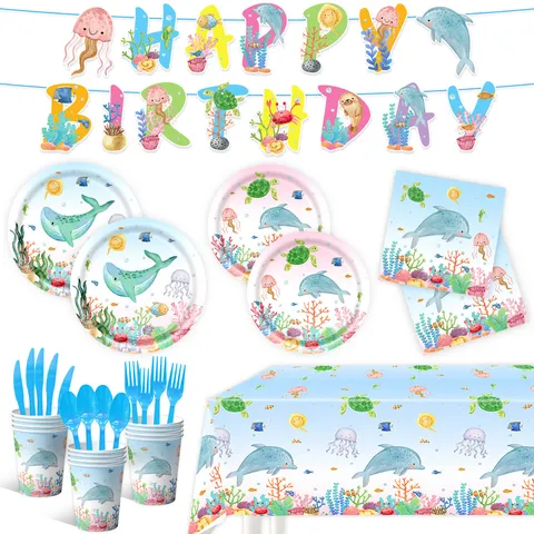 Ozean Welt Geburtstag Party Einweg Geschirr Set Cartoon Meerestier Papier Teller Tassen Servietten Banner Kuchen Dekoration Zubehör Für Kinder