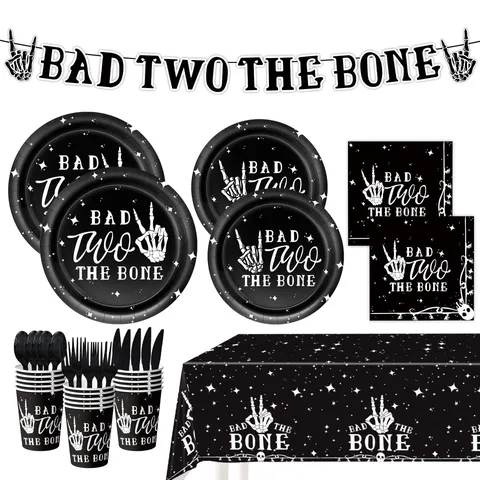 Halloween Dark Gothic Skeleton Hand Print Theme Party Disposable Tableware Set Paper Plates Cups Napkins Banner Tablecloth Decor Supplies