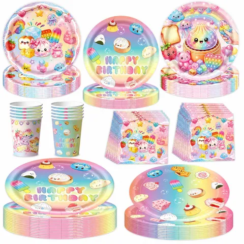 Simpatico Set di Stoviglie Usa e Getta a Tema Squishy Cartoon Buon Compleanno Piatti di Carta Arcobaleno Bicchieri Tovaglioli Cannucce Cucchiai Forchette Coltelli Forniture per Decorazioni per Feste di Compleanno