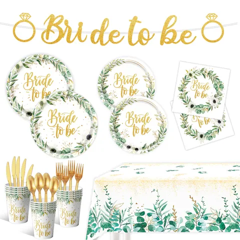 Eukalyptusblätter Bride To Be Einweggeschirr Set Pappteller Becher Servietten Junggesellinnenabschied Brautparty Hochzeit Dekoration Zubehör