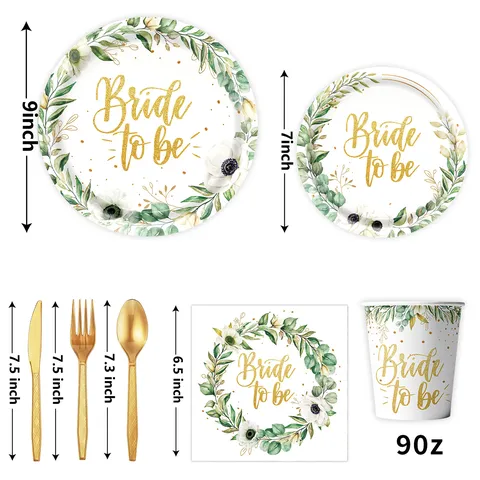 Eukalyptusblätter Bride To Be Einweggeschirr Set Pappteller Becher Servietten Junggesellinnenabschied Brautparty Hochzeit Dekoration Zubehör
