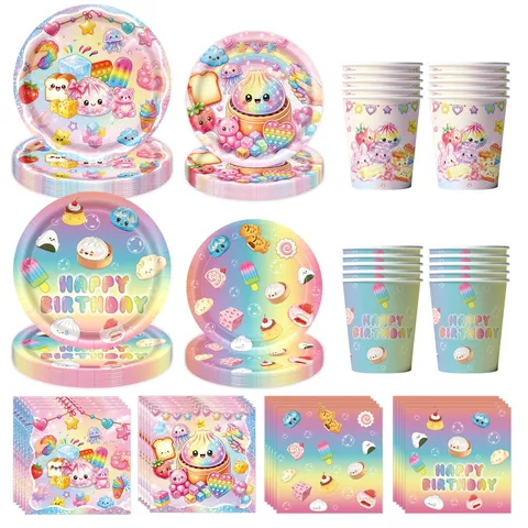 Simpatico Set di Stoviglie Usa e Getta a Tema Squishy Cartoon Buon Compleanno Piatti di Carta Arcobaleno Bicchieri Tovaglioli Cannucce Cucchiai Forchette Coltelli Forniture per Decorazioni per Feste di Compleanno