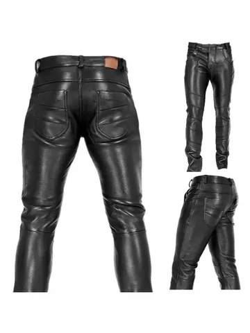 Men's Punk Style Slim Fit Faux Leather Pants Polyester PU Tapered Pencil Bottoms Solid Color Black Biker Trousers for Men