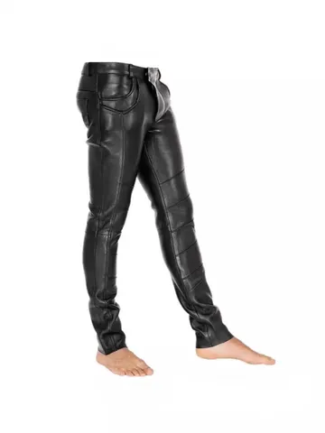 Men's Punk Style Slim Fit Faux Leather Pants Polyester PU Tapered Pencil Bottoms Solid Color Black Biker Trousers for Men