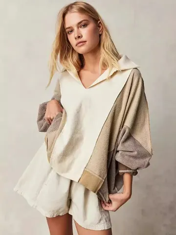 Dames Amerikaanse Retro Kleurblok Polarfleece Sweatshirt Oversized V-hals Revers Patchwork Lange Mouw Pullover Top