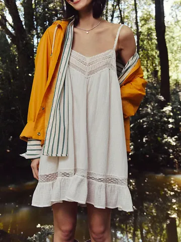 Damen Vintage Cami Mini Kleid Resort Stil Spitzen Patchwork A-Linie Hohe Taille Geometrisches Sommerkleid Urlaub Casual Kurzer Rock