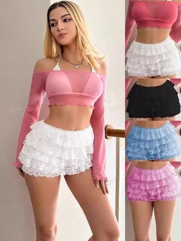Damen Low Waist Sexy Spitze Gestufte Rüschen Shorts Hot Girl Schleife Layered Cake Rock Shorts Süß Polyester Unterteil Für Urlaub