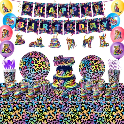 Neon Leopardenmuster Partyzubehör Geburtstagsdeko Banner Pappteller Becher Servietten Tischdecke Ballons Tierparty Zubehör