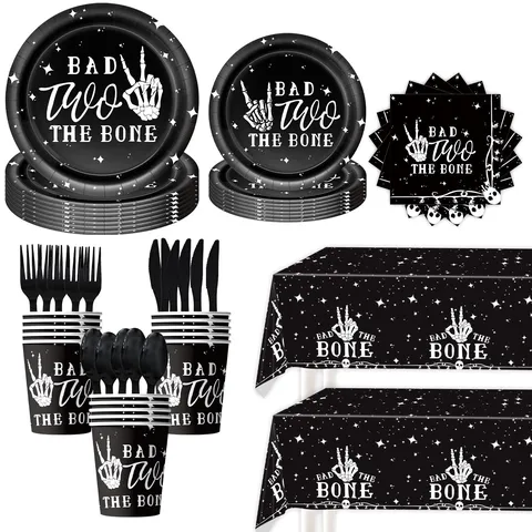 Halloween Dark Gothic Skeleton Hand Print Theme Party Disposable Tableware Set Paper Plates Cups Napkins Banner Tablecloth Decor Supplies
