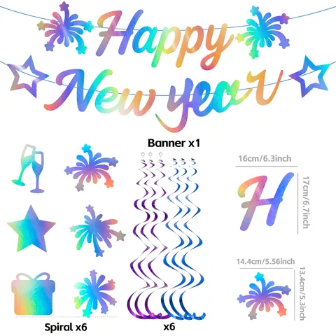 Happy New Year Party Decoration Set Glitter Letter Banner Hanging Swirls Spiral Streamers Fireworks Star Prop Celebration Supplies