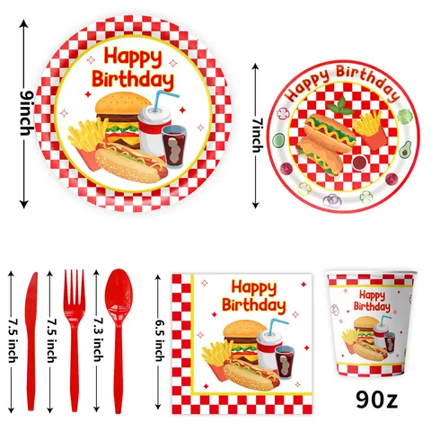 Hotdog Burger Thema Geburtstag Partygeschirr-Set Cartoon Fast-Food Pappteller Becher Servietten Tischdecke Banner Party Dekoration
