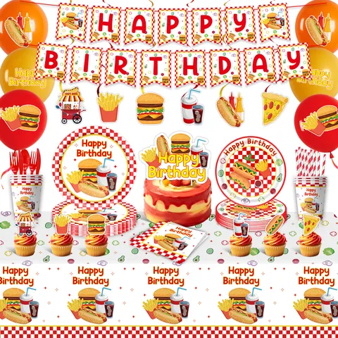 Hotdog Burger Thema Geburtstag Partygeschirr-Set Cartoon Fast-Food Pappteller Becher Servietten Tischdecke Banner Party Dekoration