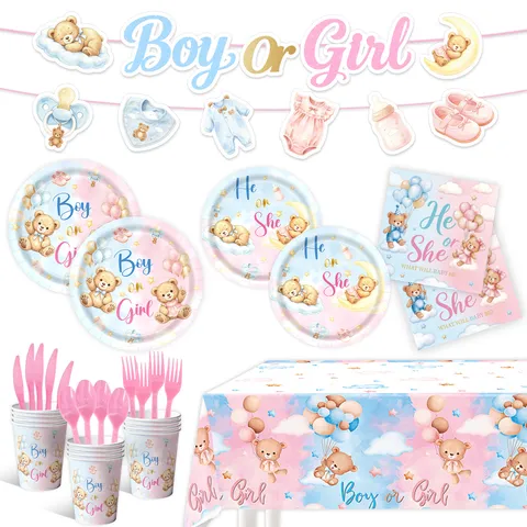 Süßes Teddybär Gender Reveal Party Dekoration Set Bedrucktes Papier Geschirr Banner Ballons Für Baby Shower Feier Zubehör