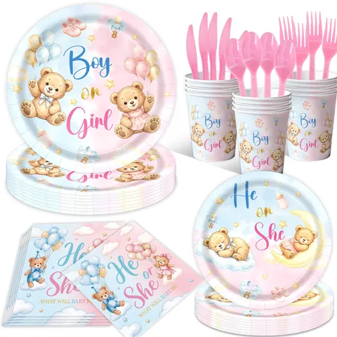 Süßes Teddybär Gender Reveal Party Dekoration Set Bedrucktes Papier Geschirr Banner Ballons Für Baby Shower Feier Zubehör