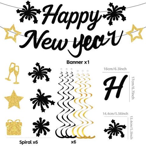 Happy New Year Party Decoration Set Glitter Letter Banner Hanging Swirls Spiral Streamers Fireworks Star Prop Celebration Supplies
