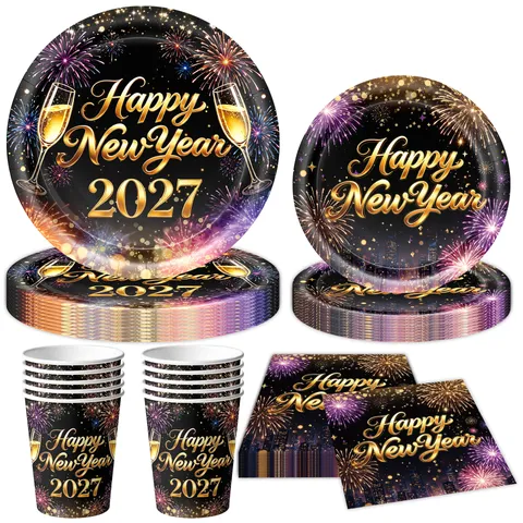 Happy New Year 2027 Party Decorations Black Gold Fireworks Print Disposable Tableware Paper Plates Cups Napkins Tablecloth For Eve Party Celebration