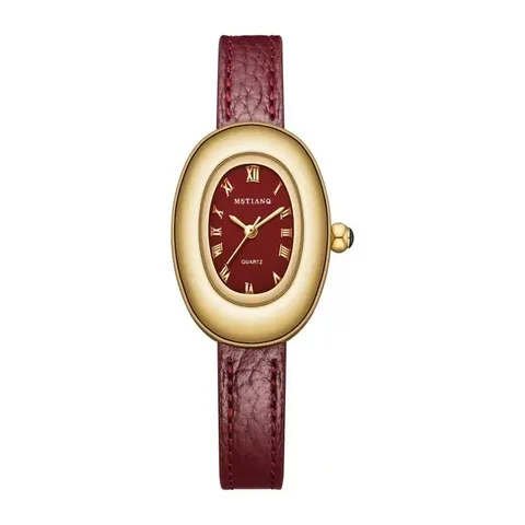 Französische Retro Ovale Quarzuhr Damen Elegantes Vintage Lederarmband Goldgehäuse Armbanduhr Mode Casual Dress Watch