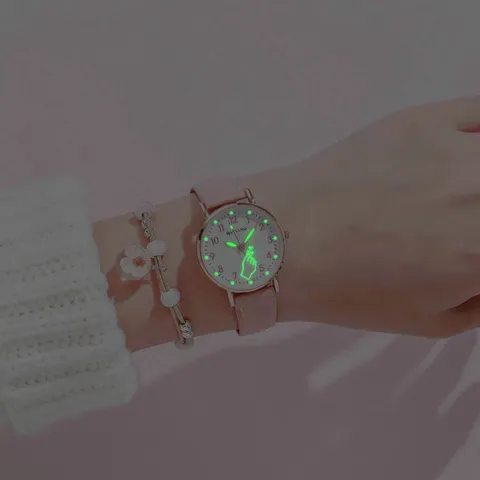 Women Quartz Watch Cute Luminous Heart Gesture Dial Alloy Case PU Leather Strap Casual Fashion Wristwatch